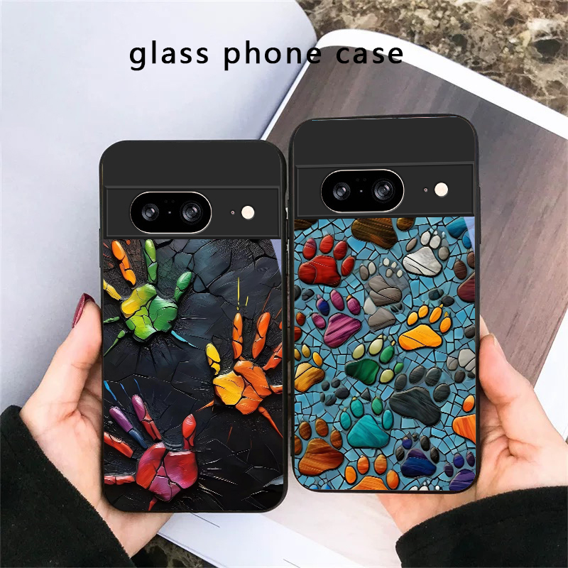 Google Pixel 9 - เคสโทรศัพท์แก้วสีดำลายรอยเท้าสัตว์สำหรับ Google Pixel 8 7 9